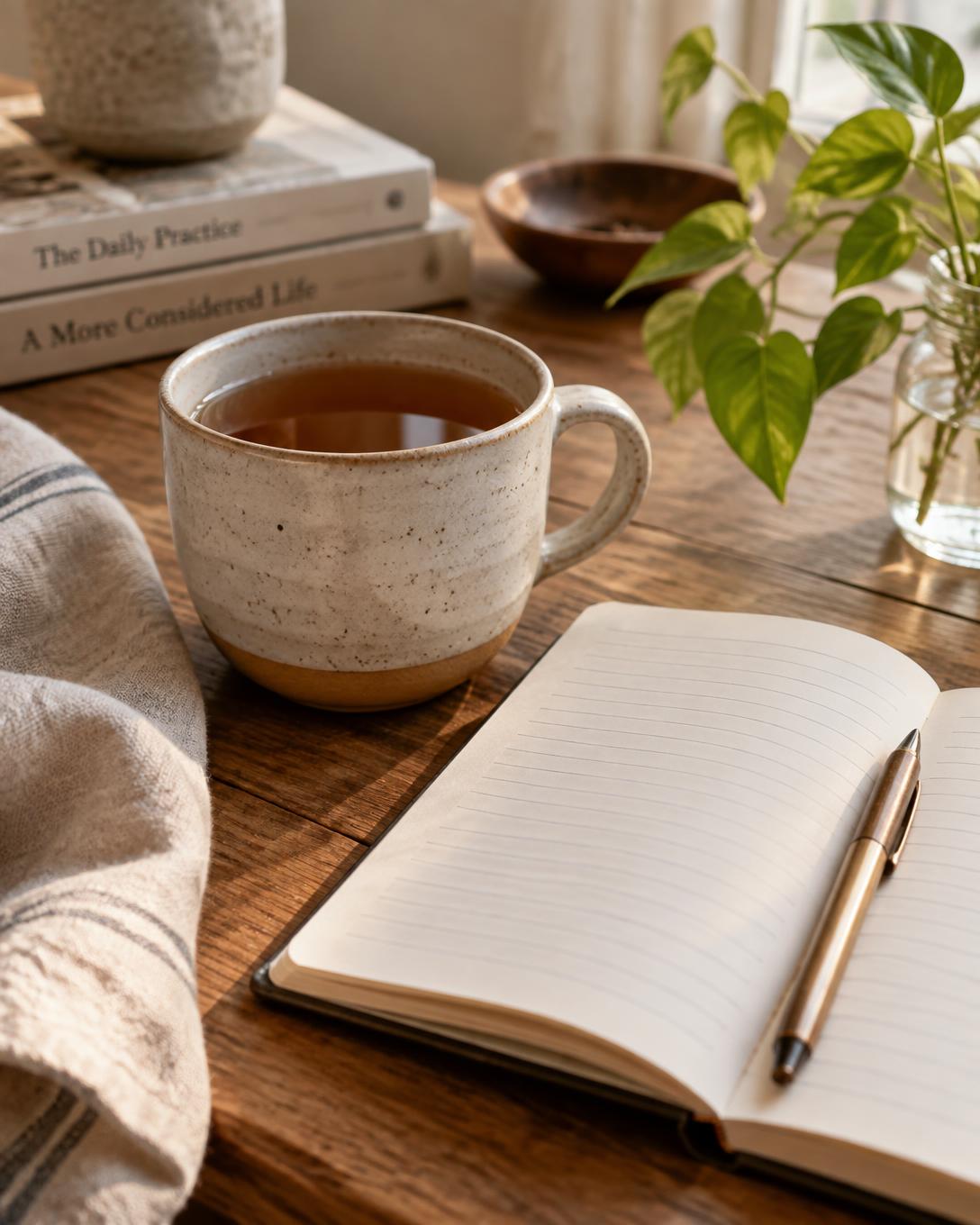 A cup of tea beside an open notebook